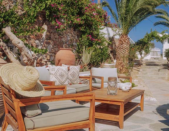 Sitting area in the garden of Pelagos Residence